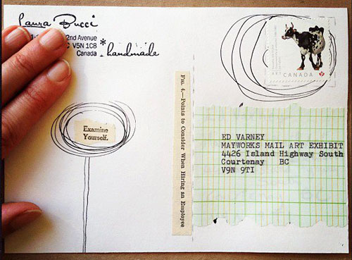 Mayworks mail art exhibit, the back of postcard Mayworks mail art exhibit, the back