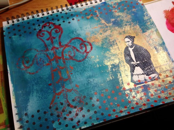 8. Stencilled polka dots and used the laser cut cross with red/magenta/burnt sienna Amsterdam and Liquitex paints