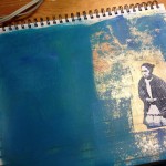 6. Collaged one of my paper screenprinted images. Stencilled a butterfly.
Mixed and brushed on a layer of turquoise using Liquitex ultramarine, phtalocyanine green, and titanium white–covering a lot of what was below.